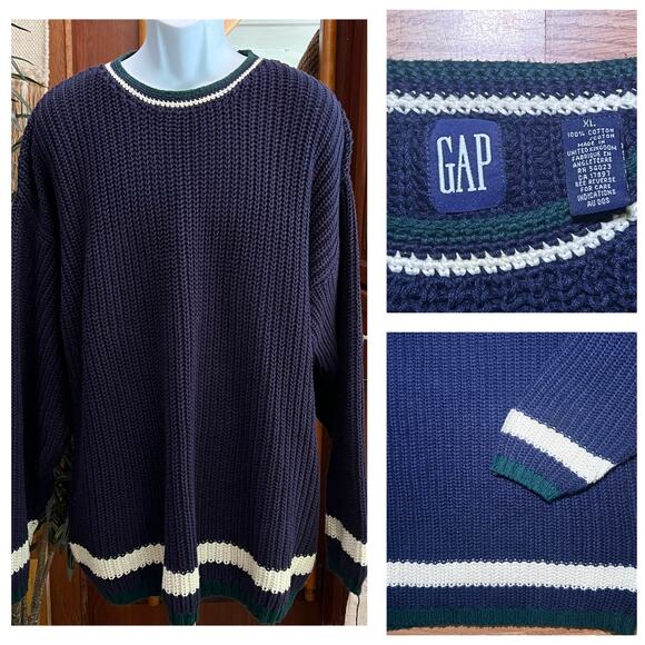 Gap Navy Blue Knit Sweater XL Made in UK Striped Trim Cotton Grandpa Preppy - Picture 1 of 8
